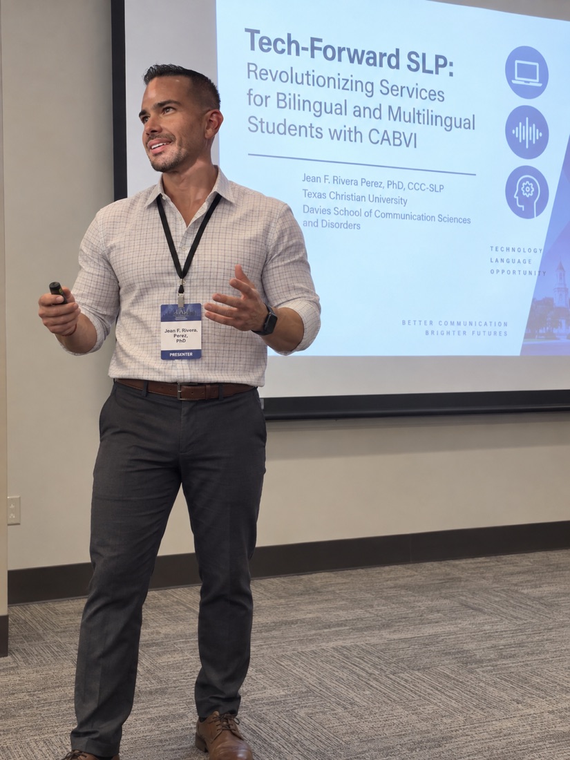 A presenter beside a CABVI professional training slide